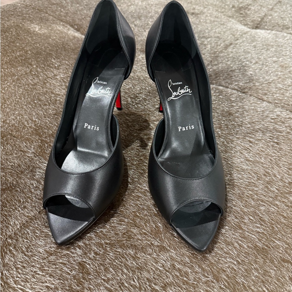 Christian Louboutin Black Leather Peep-Toe Pumps with Red Sole